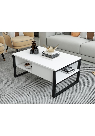 İsti Metal Ahşap Orta Sehpa Beyaz