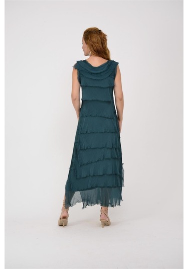 Italyan 2 Beden İnce Gösteren Kat Kat Kolsuz Ipek Elbise Zümrüt Yeşili