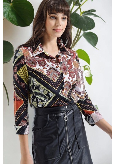 Kadın Siyah Modern Tarz Desenli Uzun Kollu Gömlek Siyah - Ekru