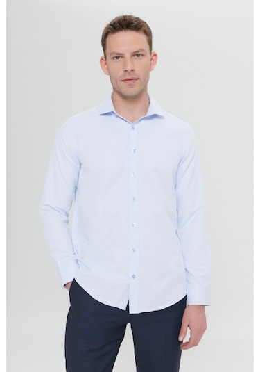 AC&Co / Altınyıldız Classics Erkek Mavi Kolay Ütülenebilir Slim Fit Dar Kesim İtalyan Yaka Armürlü Gömlek Mavi