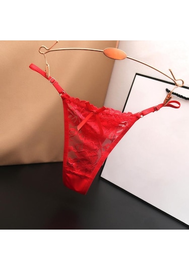 Kırmızı Hottie Ayarlanabilir Ince Kayış Thongs Düşük Bel Şeffaf Dantel Külot G-string Külot Kadın İç Çamaşırı Kırmızı