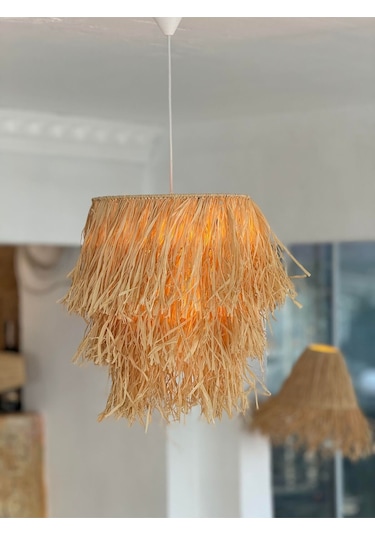 Maison Avf Büyük Püsküllü Rafya Hasır El Yapımı Bohem Tasarım Sarkıt Avize 3 Adet Bambu