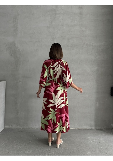 Kadın Kruvaze Yaka Yırtmaçlı Uzun Yazlık Elbise Bordo