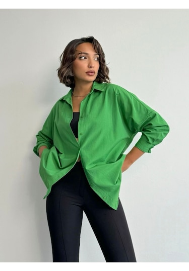 Kadın Oversize Uzun Basic Gömlek Yeşil