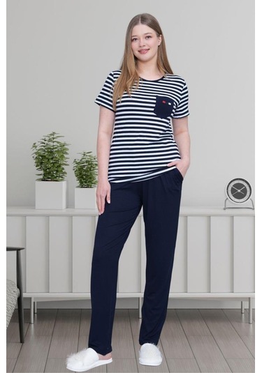 Mecit 6202 Bayan Lacivert Çizgili Büyük Beden Pijama Takımı Lacivert
