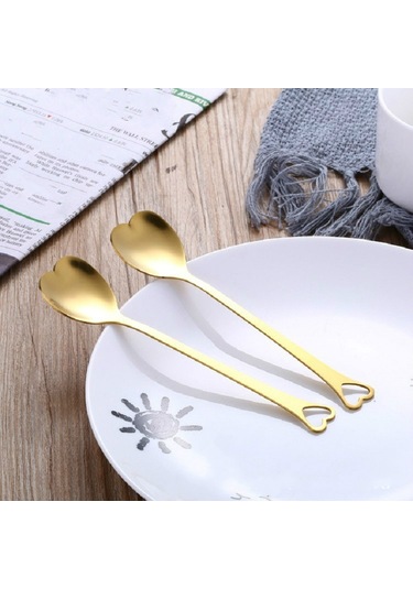 Sones 2 Adet Paslanmaz Çelik Kaşık Taşınabilir Metal Kahve Kaşığı Yaratıcı Aşk Kalp Şeklinde Düğün Partisi Hediye Yemek Takımı, Renk: Altın Tek Delik Aşk