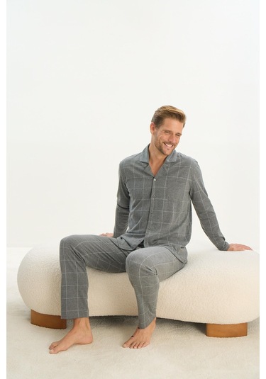 Erkek Uzun Kol Gömlek Yaka Önden Düğmeli Gri Pijama Takım C3t2n5o9 001
