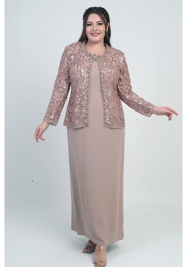 Kadın Pul İşlemeli Boncuk Detaylı Tül Ceket Yarım Ay Kollu Uzun Elbise Astarlı Krep Büyük Beden 2'li Takım Bej Kadın Pul İşlemeli Boncuk Detaylı Tül Ceket Yarım Ay Kollu Uzun Elbise Astarlı Krep Büyük Beden 2'li Takım Bej