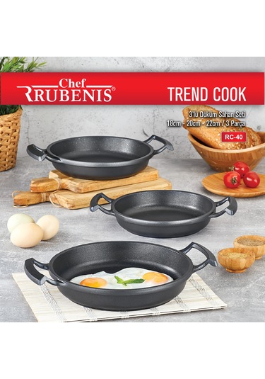 Chef Rubenis Trend Cook 3'lü Döküm Sahan Seti 18 Cm - 20 Cm - 22 Cm Gri - Siyah