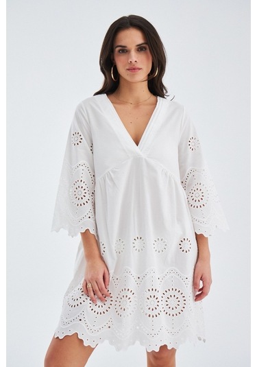 Peraluna Hiromi Dress %100 Pamuk 3/4 Kol Diz Hizası Yazlık Kadın Beyaz