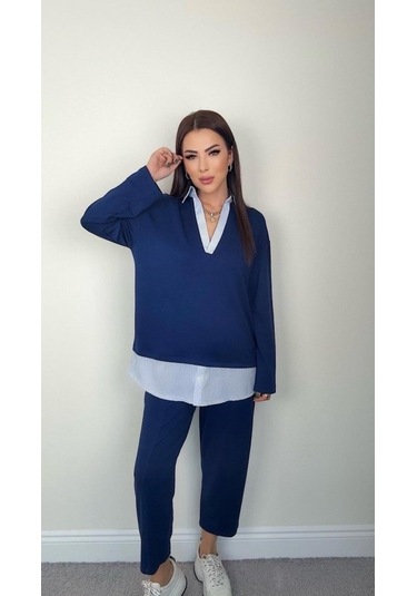 Polo Yaka Gömlekl Detay Salaş Balon Pantolunlu Ikılı Takım mavi