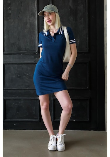 Madmext Lacivert Polo Yaka Şerit Detaylı Kadın Elbise Mg2344