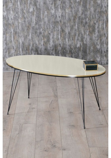 Orta Sehpa Elips Siyah Tel Ayak Çift Altın Krem Krem