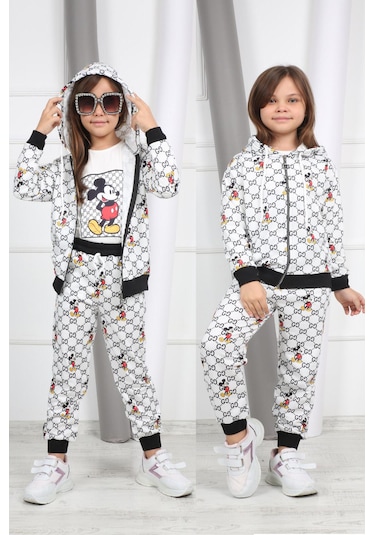 Mickey Mouse Üçlü Kız Çocuk Eşofman Takımı Tuhfetower Gri - Siyah