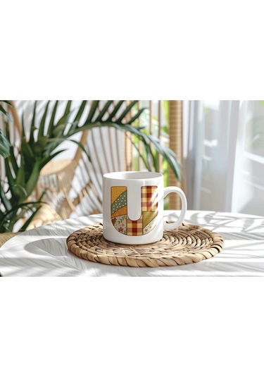 U Harfi Sonbahar Kış Temalı Yamalı Tasarım Kupa Bardak - Etnik Ve Pathwork Severlere Özel Hediye Beyaz