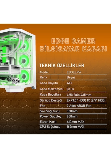 Gameagle EDGELPW Edge 7 Argb Fanlı Gamer Bilgisayar Kasası Beyaz