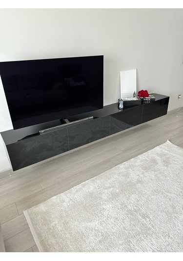 Mac Dizayn Milas Highgloss Parlak Siyah 240 Cm Modern Mdf Tv Ünitesi Şık Ve Geniş Tv Sehpası Parlak Siyah
