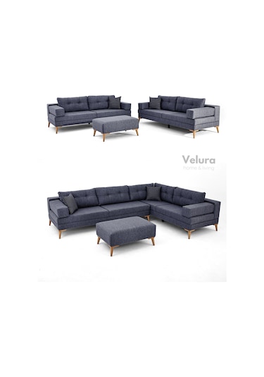 Zeri Yataklı Puzzle Modüler Köşe Koltuk Takımı & Puflu Köşe Takımı - Koyu Mavi - 125 Koyu Mavi