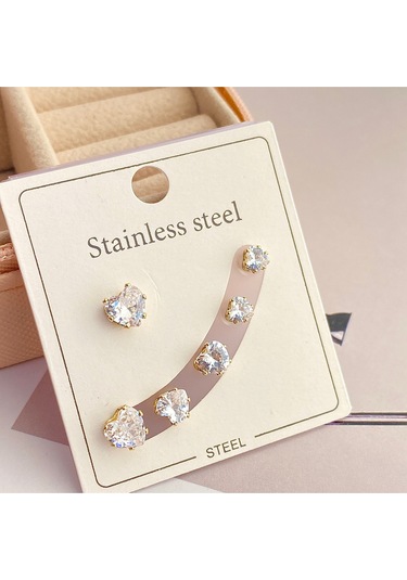 Tektaş Küpe Kalp Model Tektaş Üçlü Set Küpe Kararmaz Çelik Gold