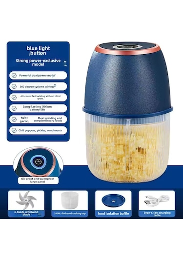 Hombey Evlerdeki Zeytinyağlı Yemekler İçin 350ml Mavi Çizgili Pp Bardaklı Elektrikli Sarımsak Blenderı - 6 Yapraklı Gelişmiş Bıçaklı, Sarımsak Ve Etleri Hızlıca Dövüp Ezebilir Diğer