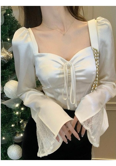 2023 Bahar Uzun Kollu Elbise Zarif Saten Bluz Kadın Ince Kare Boyun Y2k Giyim Kore Moda Rahat Gömlek Ofis Kadın Üstleri Bej