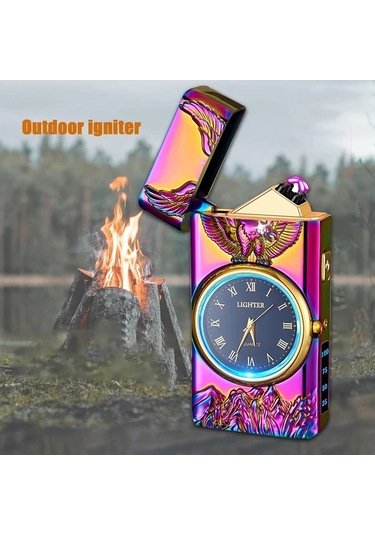 Brightnova 1 Adet Şık Dış Mekan Ateşleme Aleti Blue Çift Ark Plazma Çakmak 3d Kartal Kabartmalı Ve Led Aydınlatmalı Kadranlı Kampçılık Açık Hava Macerası Acil Durum Ateş Başlatma Altın