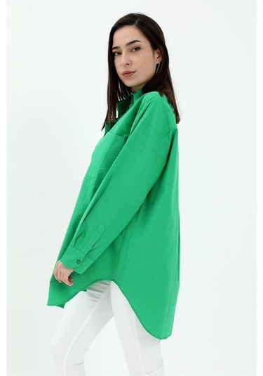 Tek Cepli Kolları Katlı Oversize Kalın Keten Gömlek - Yeşil-yeşil Yeşil