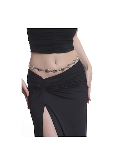 Labalaba Kadın Antik Gümüş Kaplama Gül Formlu Ayarlanabilir Bel Zinciri, Bel Kolyesi Gümüş