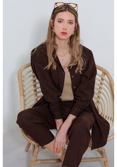 Bigdart Kadın Kahverengi Oversize Keten Alt Üst Takım 6622 6622bgd19-002-14380 001
