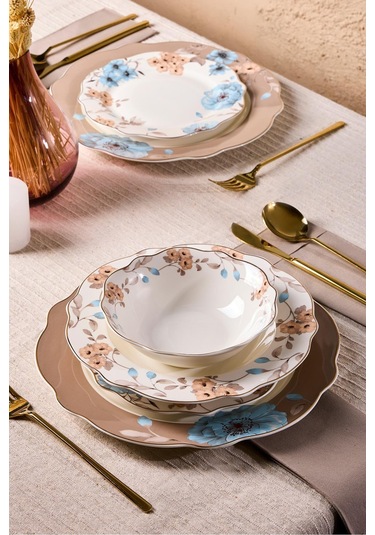 Porselen Flore Bone 24 Parça 6 Kişilik Yemek Takımı Desenlı Desenli