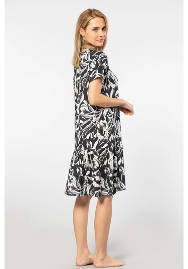 Türen 3603 Kadın Kısa Kollu Dokuma V Yaka Önden Düğmeli Elbise-siyah Siyah