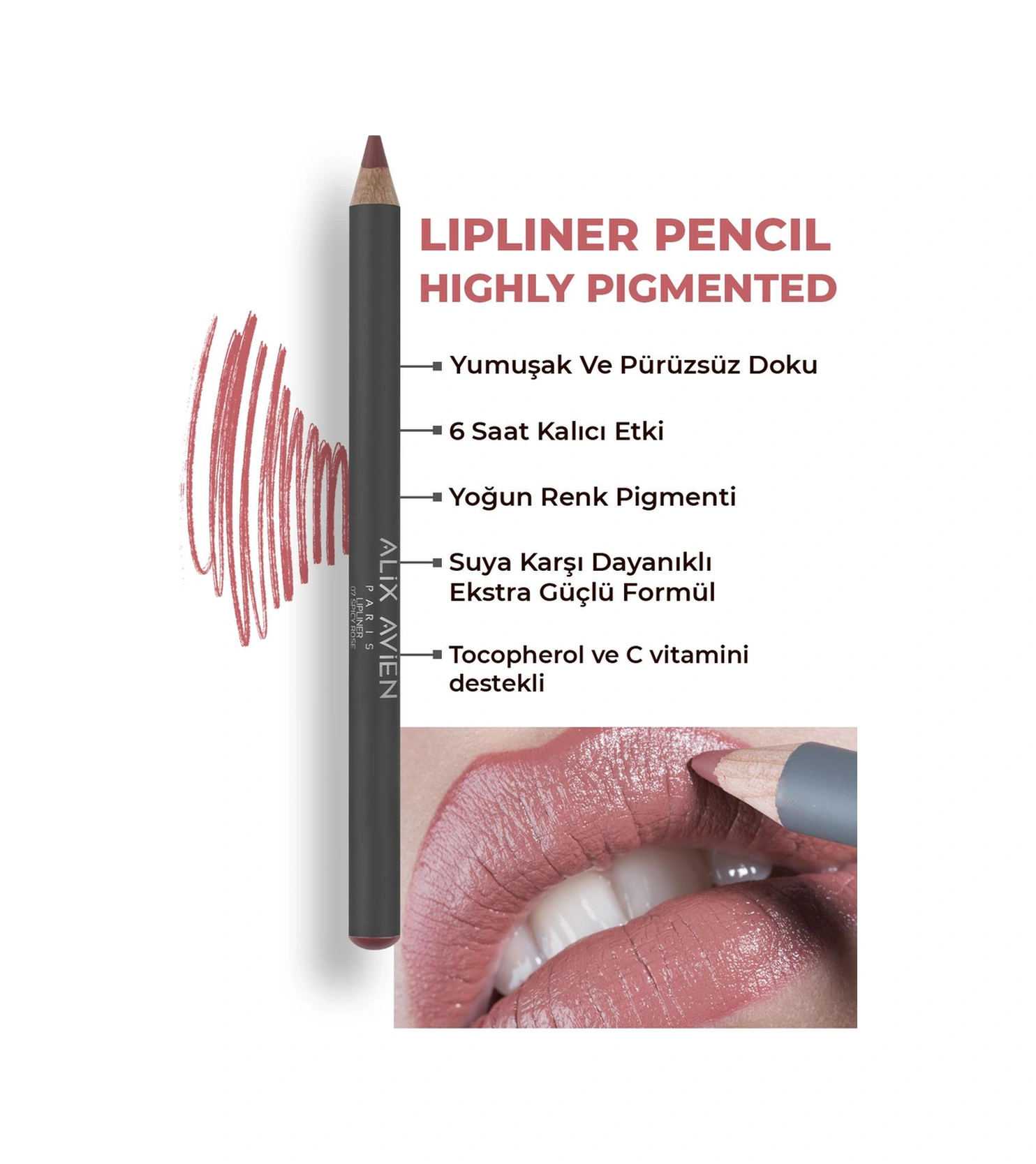 Alix Avien Uzun Süre Kalıcı Dağılma Yapmayan Nemlendirici Dudak Kalemi Lipliner Pencil 07 Spicy Rose