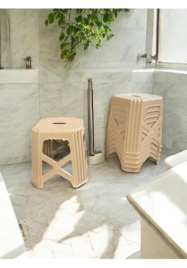 6 Adet Meram Küçük Boy Plastik Mutfak, Banyo, Balkon Ve Bahçe Taburesi Krem