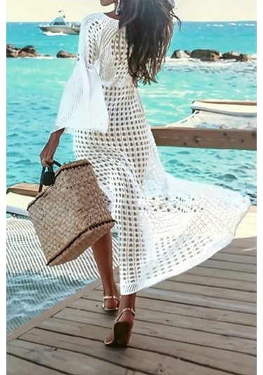 Kadın Yarasa Kol Triko Maxi Boy Pareo Beyaz