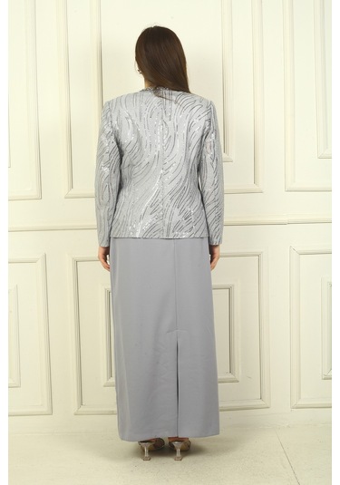 Kadın Pulpayet Ceket Yarım Ay Kollu Bluz Astarlı Krep Uzun Etek Büyük Beden 3'lü Takım Gri Kadın Pulpayet Ceket Yarım Ay Kollu Bluz Astarlı Krep Uzun Etek Büyük Beden 3'lü Takım Gri
