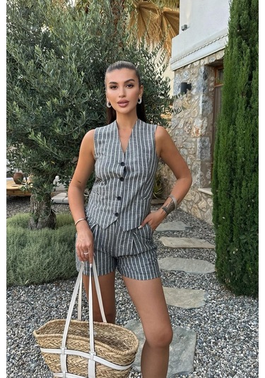 Kadın Siyah Çizgili Kısa V Yaka İkili Takım Siyah