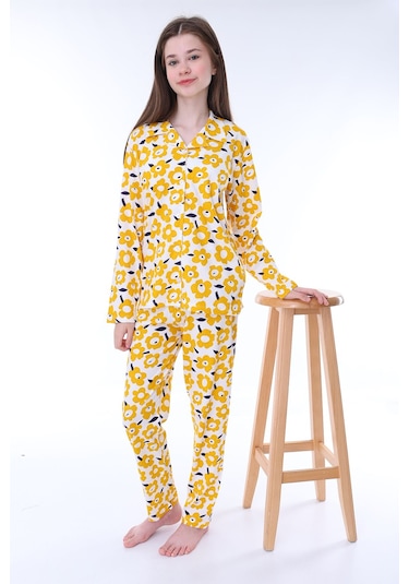Zuzunga Sarı Papatya Desenli Düğmeli %100 Pamuk Kız Çocuk Pijama Takımı Sarı