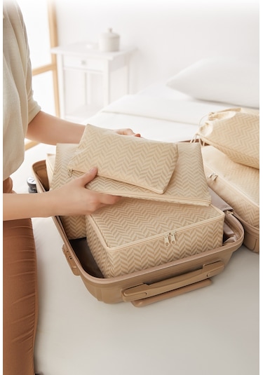 Ocean Home Textile 6'lı Bej Balıksırtı Bavul İçi Düzenleyici Set