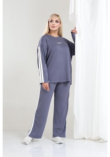 Kadın Büyük Beden Uzun Kollu Şerit Detaylı Oysho Tarzı Modal Kumaş Takım Gri