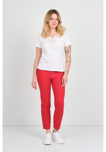 Ella Camelia Kadın Açma Yaka Taşlı Ve Desenli Pamuklu Bluz 23e010 Beyaz Beyaz