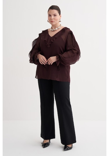 Fırfır Detaylı Şifon Bluz-6219 Bordo