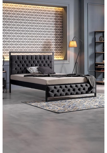 Mithra Çift Kişilik Metal Siyah Ahşap Latalı Karyola