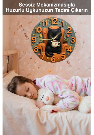 Siyah Kedi Temalı Mdf Duvar Saati 3d Görünümlü, 2d Hd Baskı, Sessiz Mekanizma Sdw237 Renkli