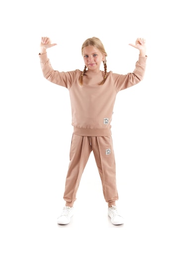 Ahengim Kız Çocuk Back To School Pamuklu Trend Eşofman Takımı Ak2529 Kahverengi