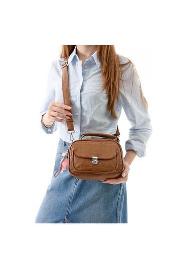 Vegan Deri Kadın Postacı Çanta 21 15 Cm Yıkama Suni Deri Omuz Çantası Çapraz Askılı Çanta Taba