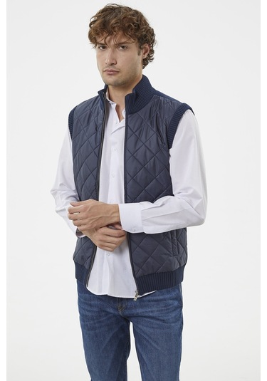 Fermuarlı Yarım Balıkçı Önü Kapitone Triko Yelek - Lacivert 001