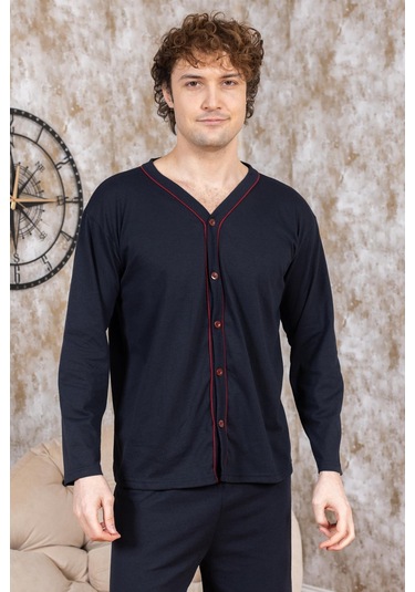 Erkek Boydan Düğmeli Yüksel Kalite Pamuk Pijama Takımı 16511 Lacivert