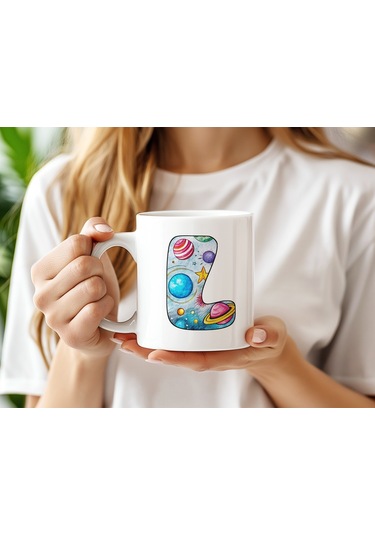 L Baş Harf Gezegen Desenli Kupa Bardak - Kişiye Özel Evren Temalı Kahve Çay Kupası - Gökyüzü Beyaz
