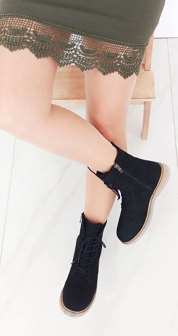 Gdt Ayakkabı Siyah Süet Bağcıklı Fermuarlı Kadın Bot Siyah