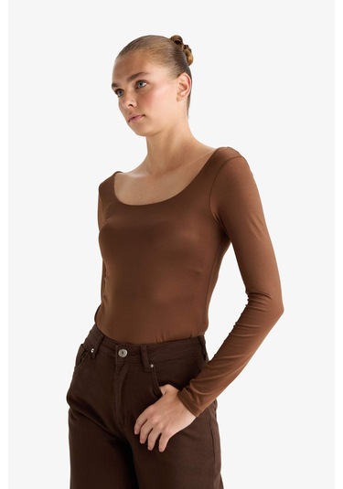 Defacto Kare Yaka Uzun Kollu Çıtçıtlı Body G1403ax25aubn321 Kahve